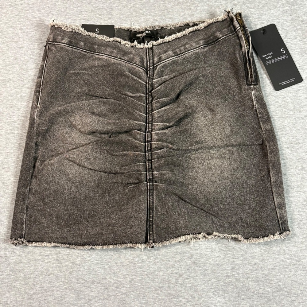 American Bazi Black Ruched Denim Mini Skirt V-Cut Frayed Hem Grunge Small